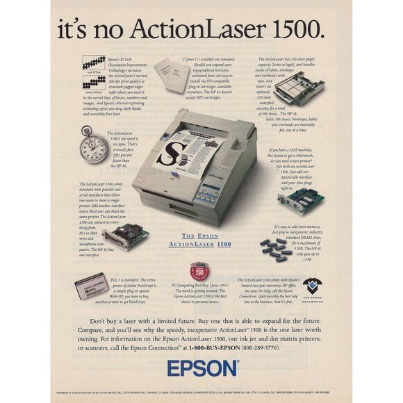 Epson ActionLaser 1500 Printer Vintage Print Ad 1993 Torrance California u - Picture 1 of 4